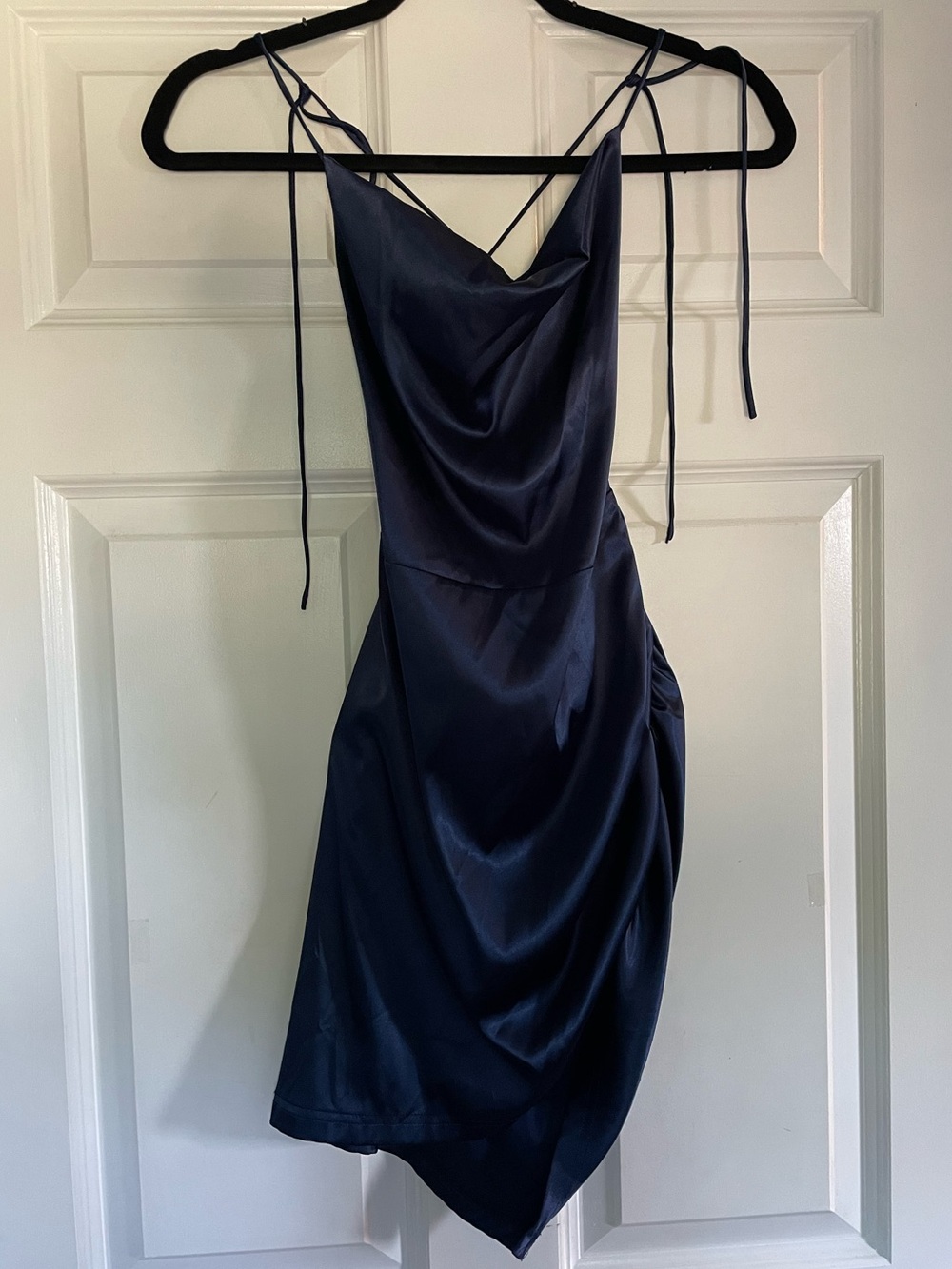 Cider Navy Satin Cowl Mini Dress with Tie Straps
